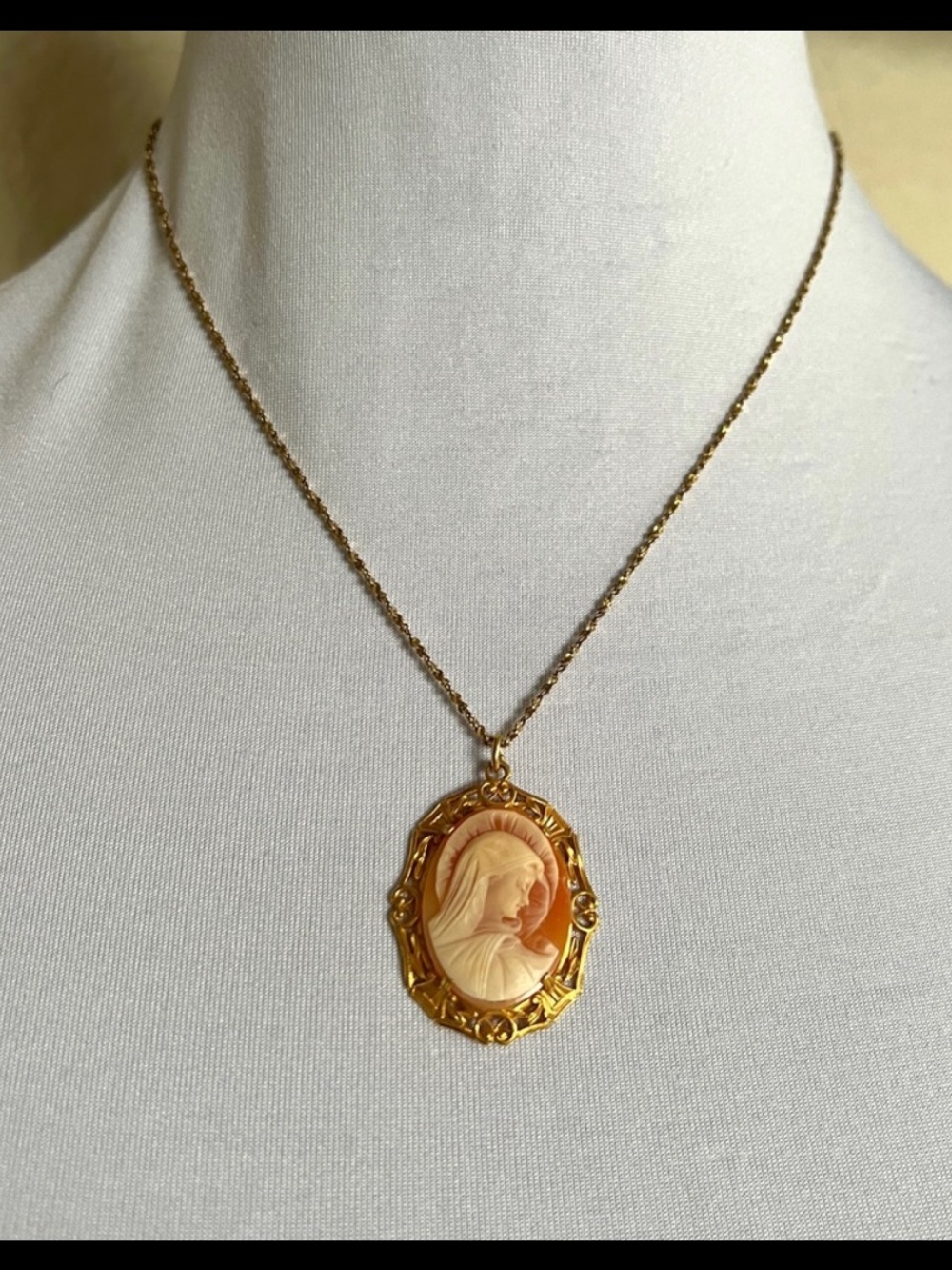 Antique Monet Cameo Pendant Necklace in Gold and Peach - Classic Women's Jewelry